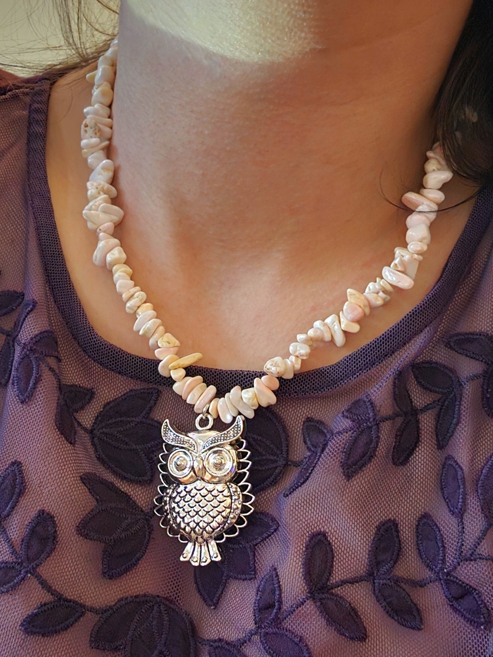 Source Unknown Pink Bead Necklace with Silver Owl Pendant - Women Jewelry